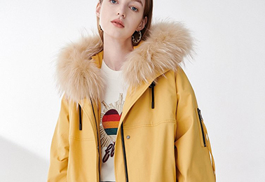 Yellow tweed coat with fur collar